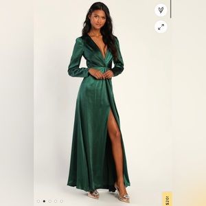 Lulus Endearing Elegance Emerald Green Satin Long Sleeve Maxi Dress